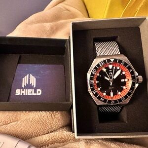 Men's Black and Orange GMT Watch with Mesh Bracelet